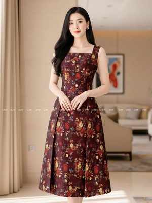 Đầm Tiệc Gấm Thêu Hoa Hồng 