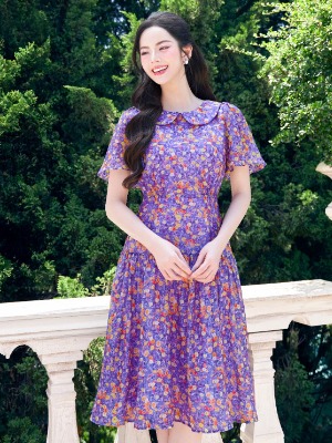 Đầm Tơ Hoa Nhí Tím Violet 2 Lớp