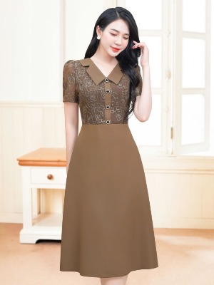 Đầm Nâu Mix Ren Đính Cúc
