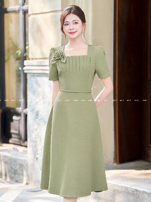 Đầm Xanh Kết Hoa Tết Đai Eo