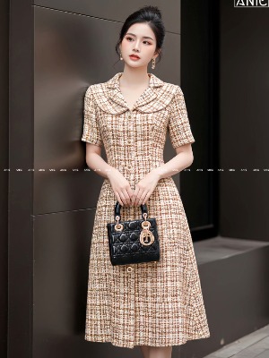 Đầm Tweed Dáng A Cổ Cách Điệu 