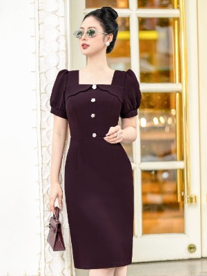 Đầm Tím Đính Cúc Cổ Vuông
