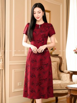 Đầm Lụa Vân Đỏ Thủy Mặc