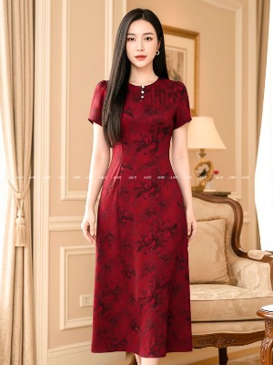 Đầm Lụa Vân Đỏ Thủy Mặc